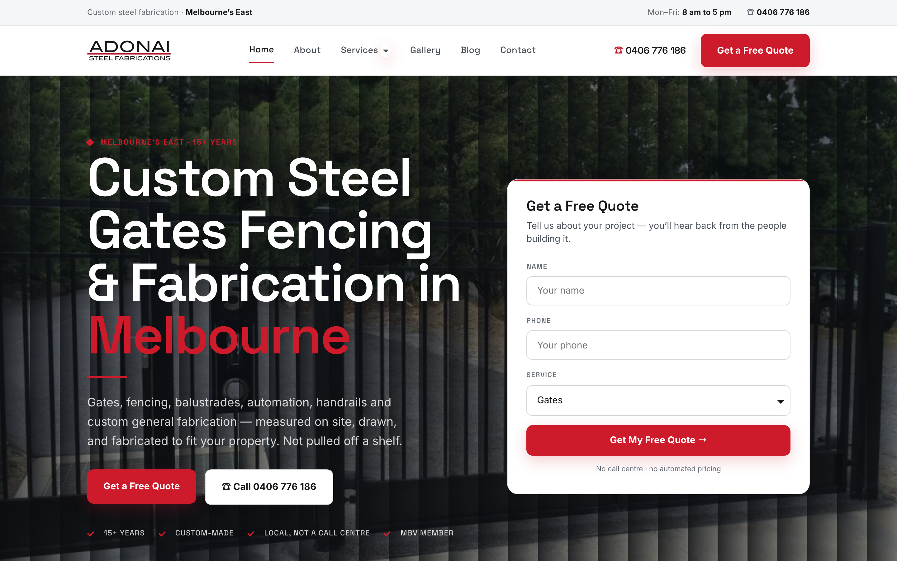 Adonai Steel Fabrications homepage — steel gates hero with a quote form