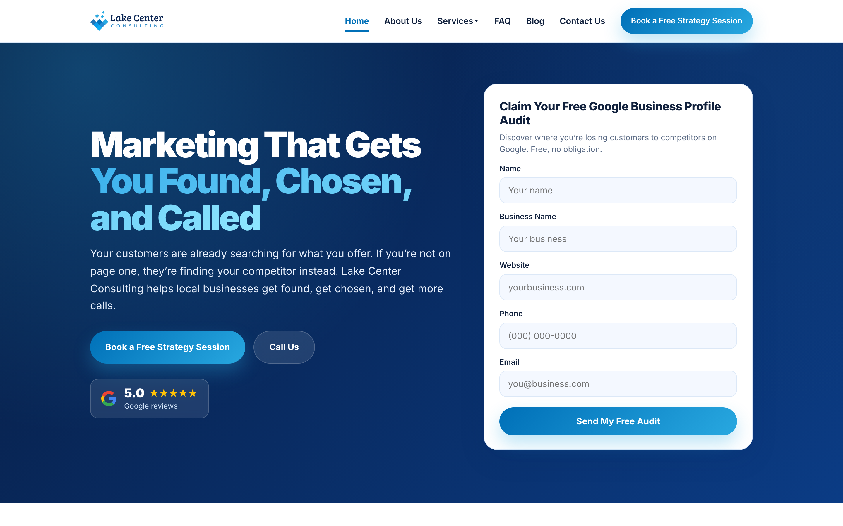 Lake Center Consulting homepage — dark blue hero with a lead-capture form