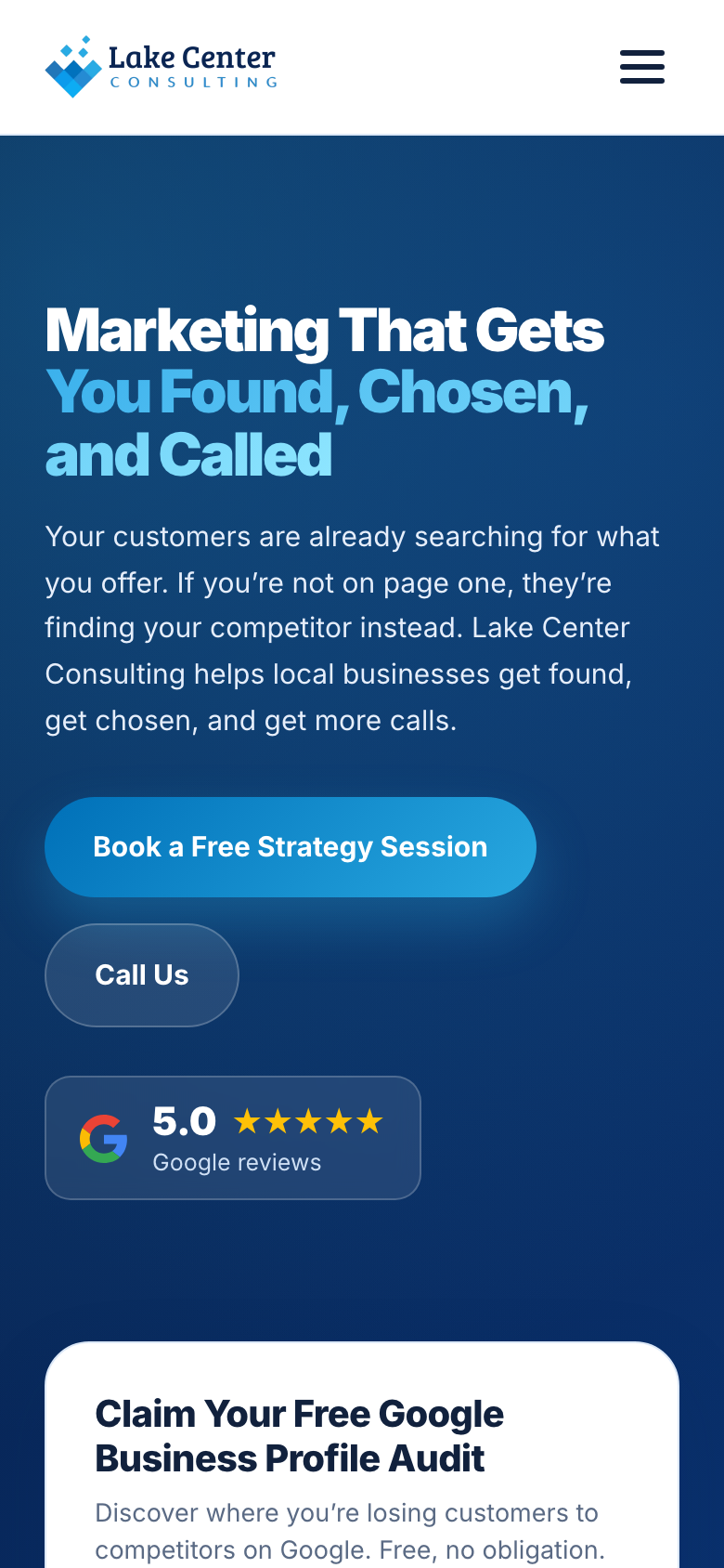 Lake Center Consulting — a client site we built, shown on a phone