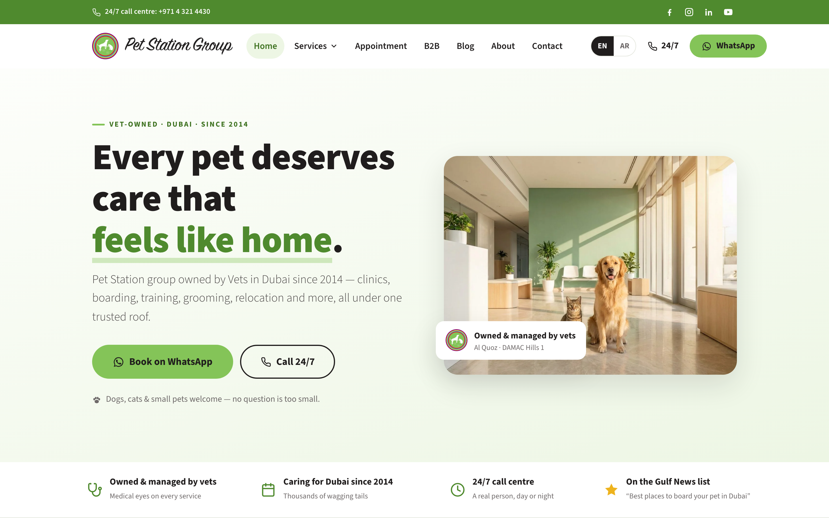 Pet Station Group homepage — green and white veterinary site
