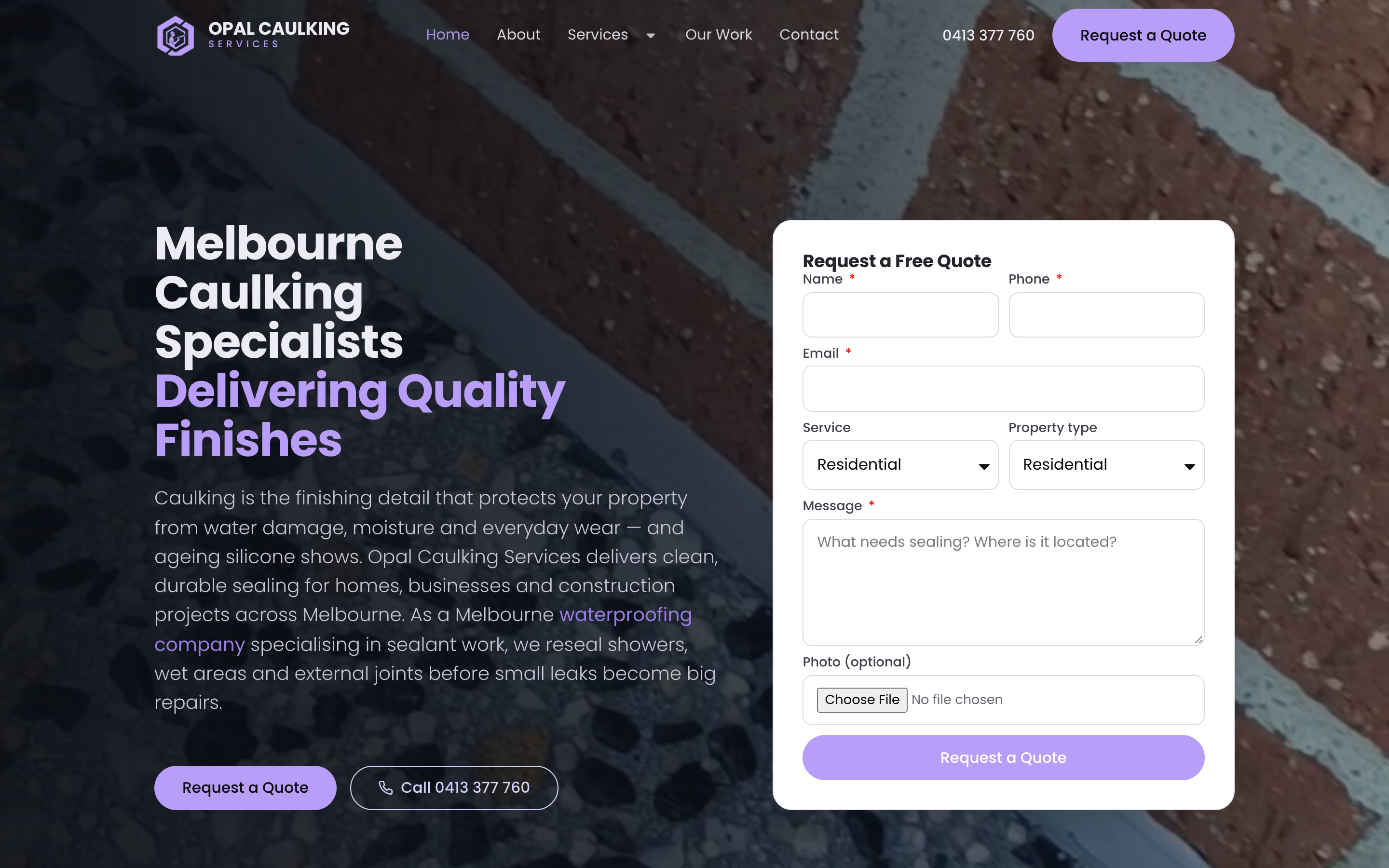 Opal Caulking Services homepage — dark hero with a quote-request form